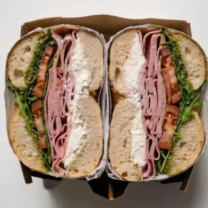 the deli bagel with mortadella, pesto and burrata